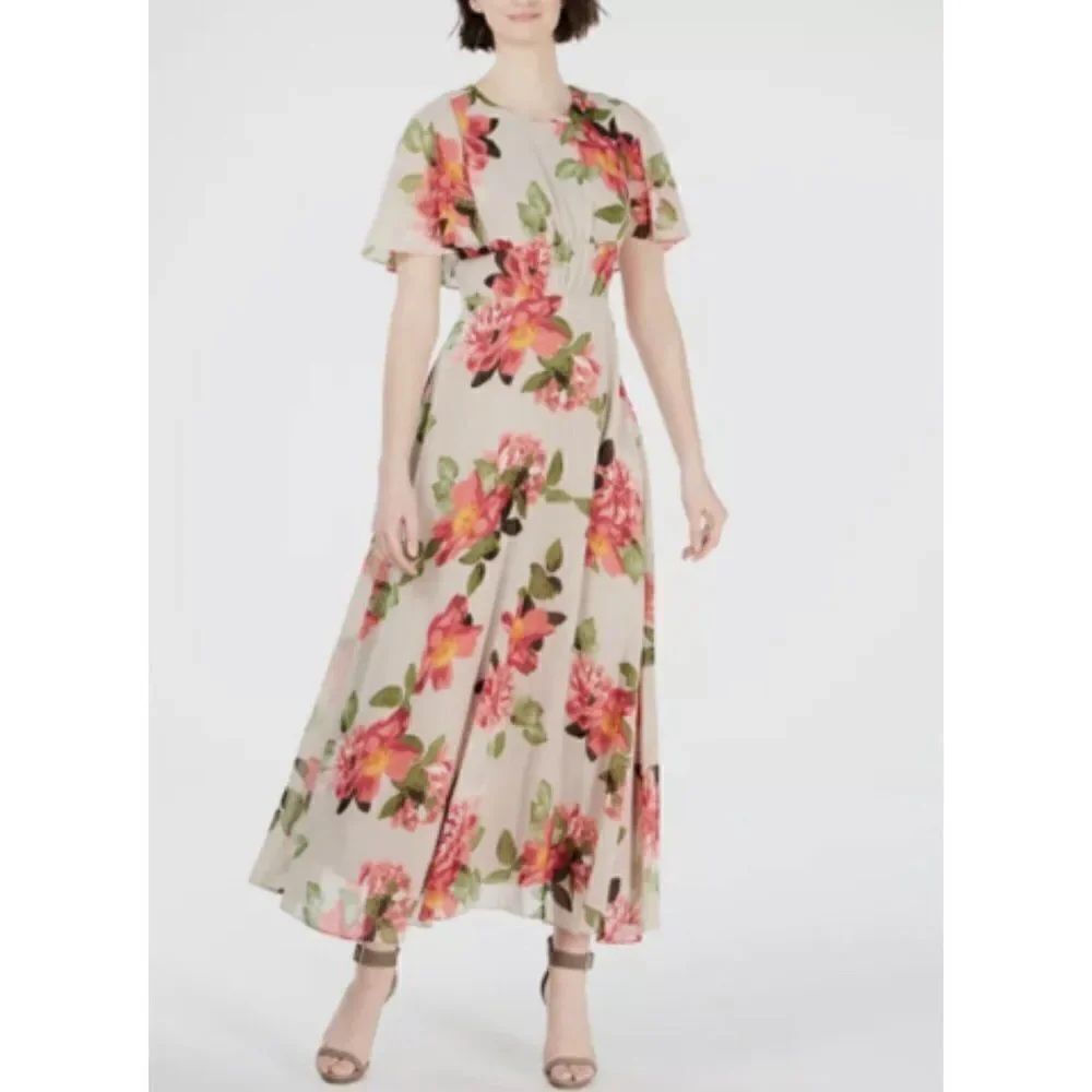 Calvin Klein Women Floral Capelet Short Sleeve Maxi Dress Size 2 NWT